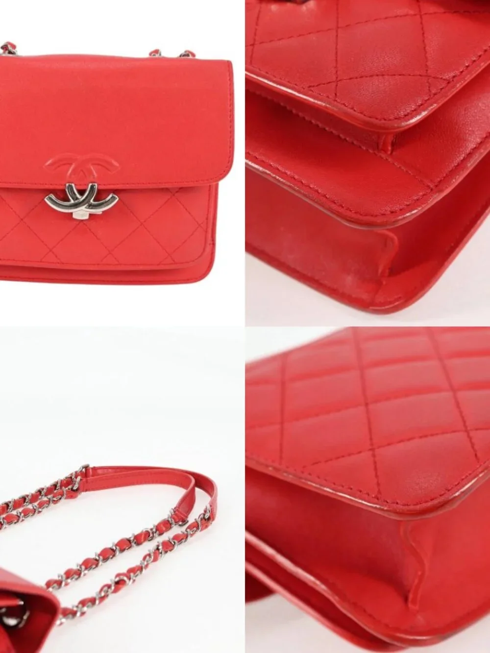CHANEL Matelasse Chain Shoulder Bag Leather Red Silver CC Auth 138980M